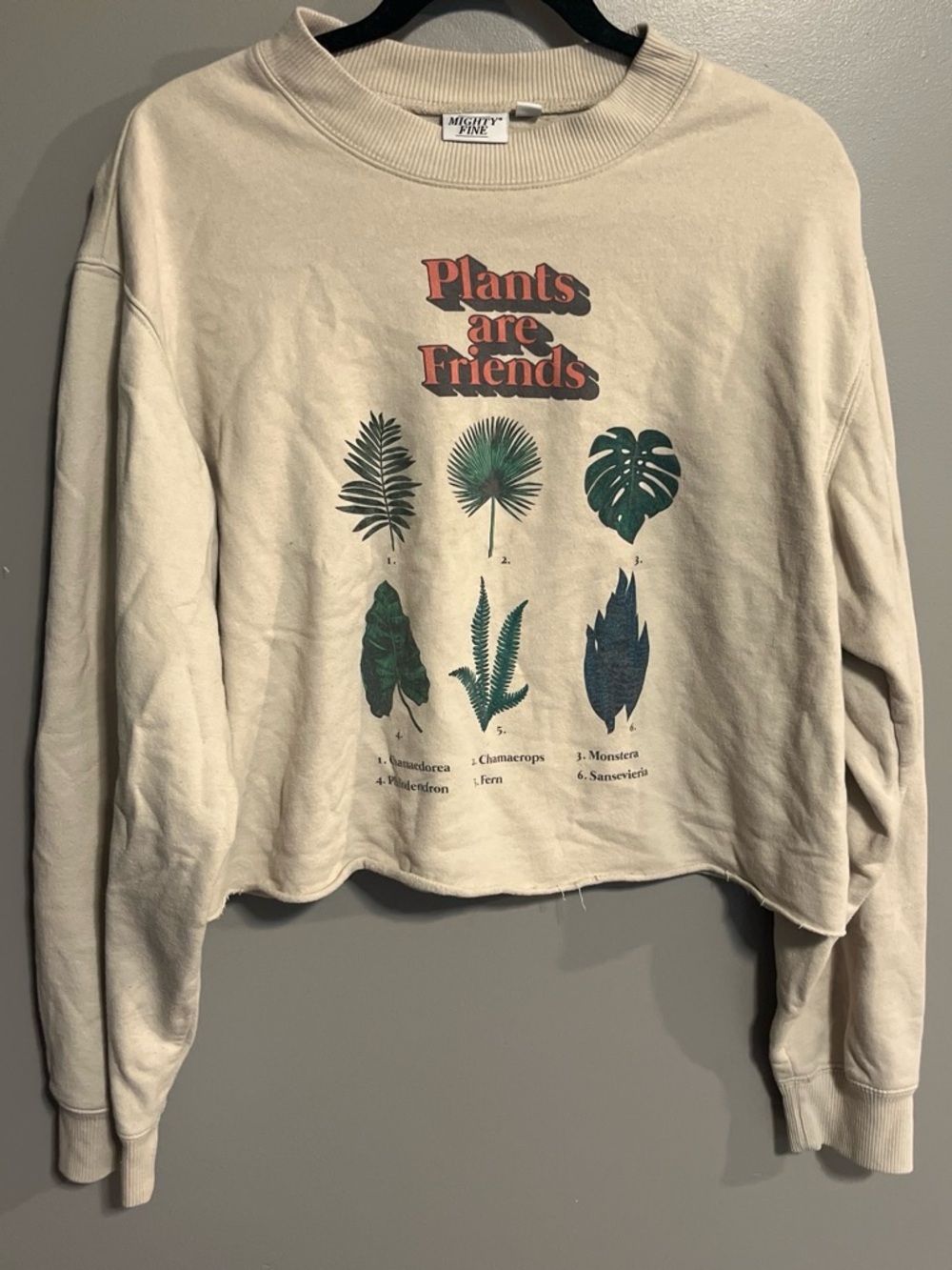 Mighty Fine Cream Graphic "Plants Are Friends" Cropped Sweatshirt